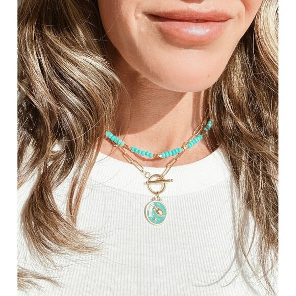 Zodiac Pendant Necklace Waterproof Gold Toggle Clasp Turquoise pendant Necklace - Picture 3 of 16